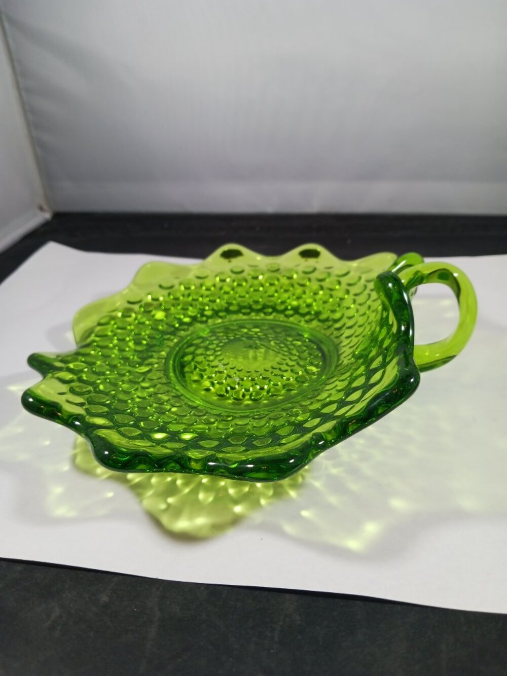 Vintage Fenton Uranium Glass Relish Dish with Handle - Springtime Green - Picture 2 of 7